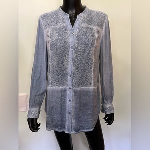 Chico’s XL Blouse Dusty Blue Tunic Lace Detail Cottagecore Cooastal